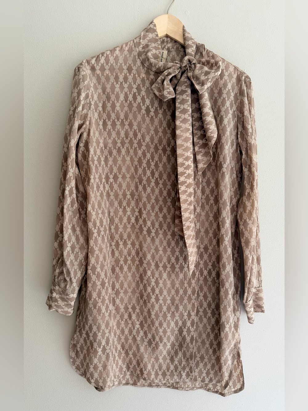 Taupe Patterned Silk Bow Shirt Dress